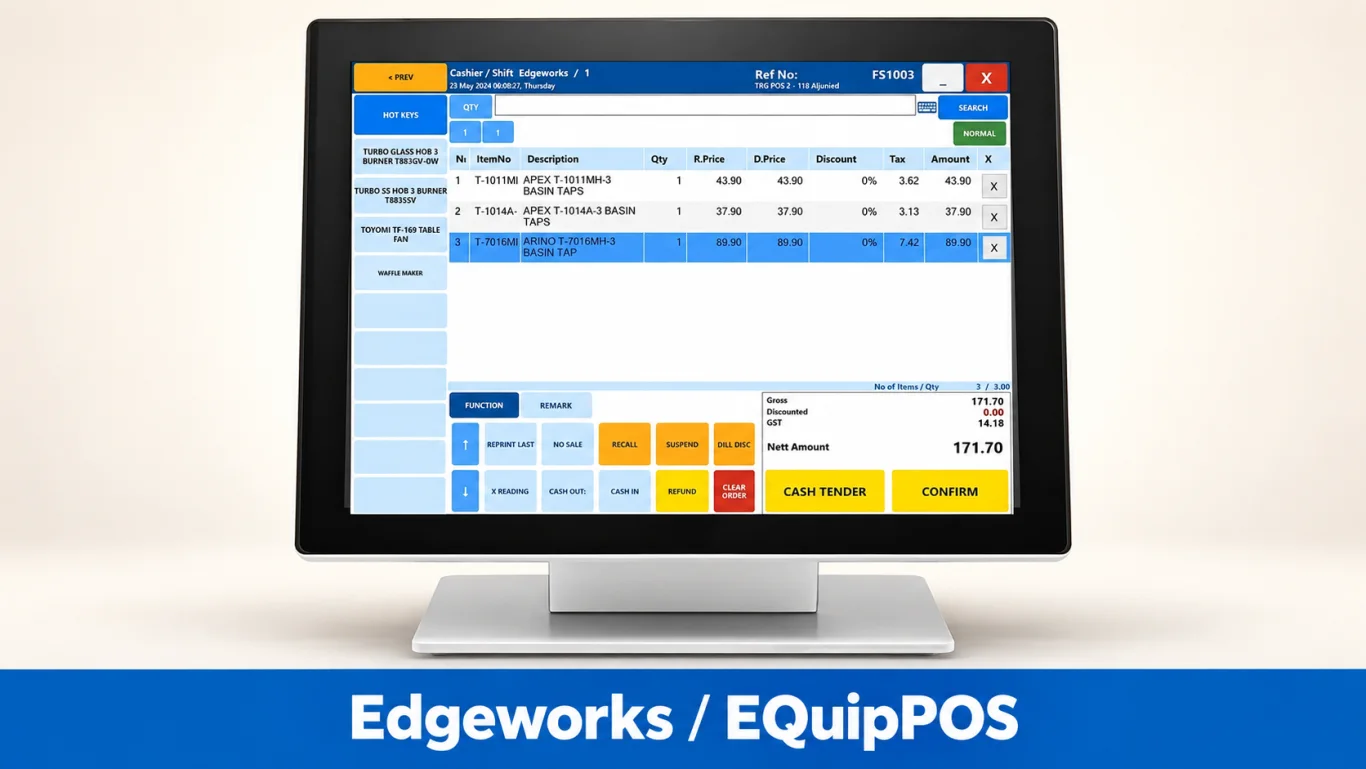 Edgeworks’ published cashier interface and counter terminal, presented on a consistent background.