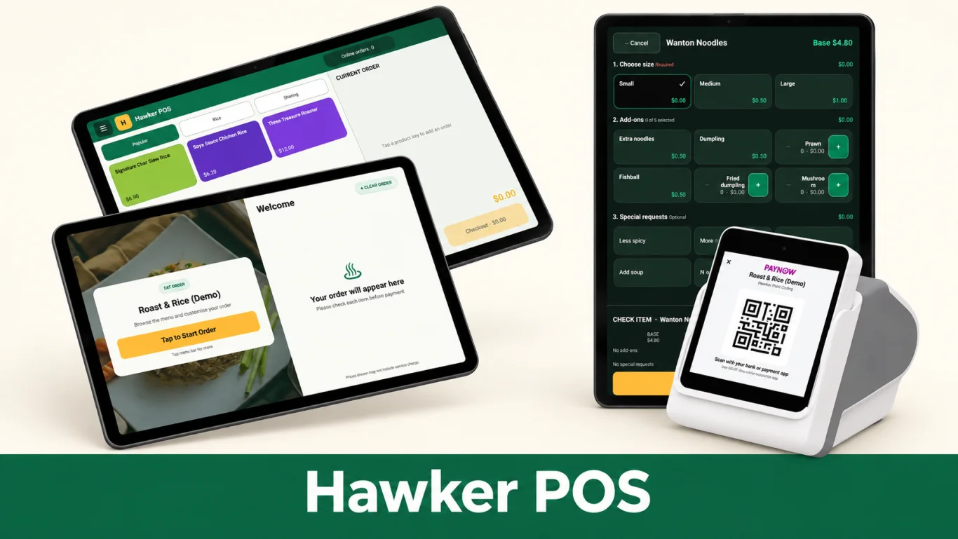 Hawker POS order entry, customer-facing screens and PayNow device examples.