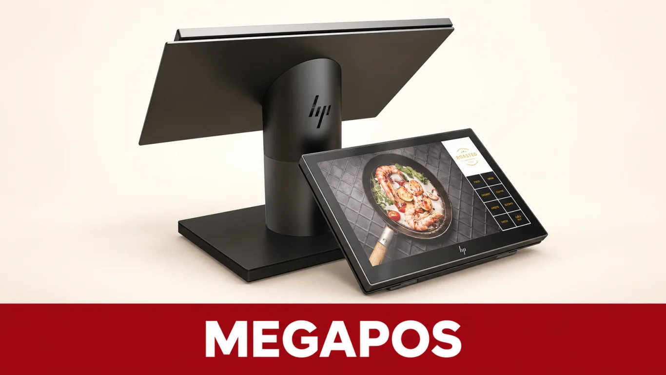 MEGAPOS-published HP counter hardware with a customer-facing ordering display.