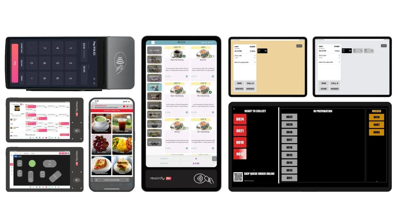 Rewardly POS, payments, mobile ordering, self-ordering kiosk, kitchen and order-status displays.
