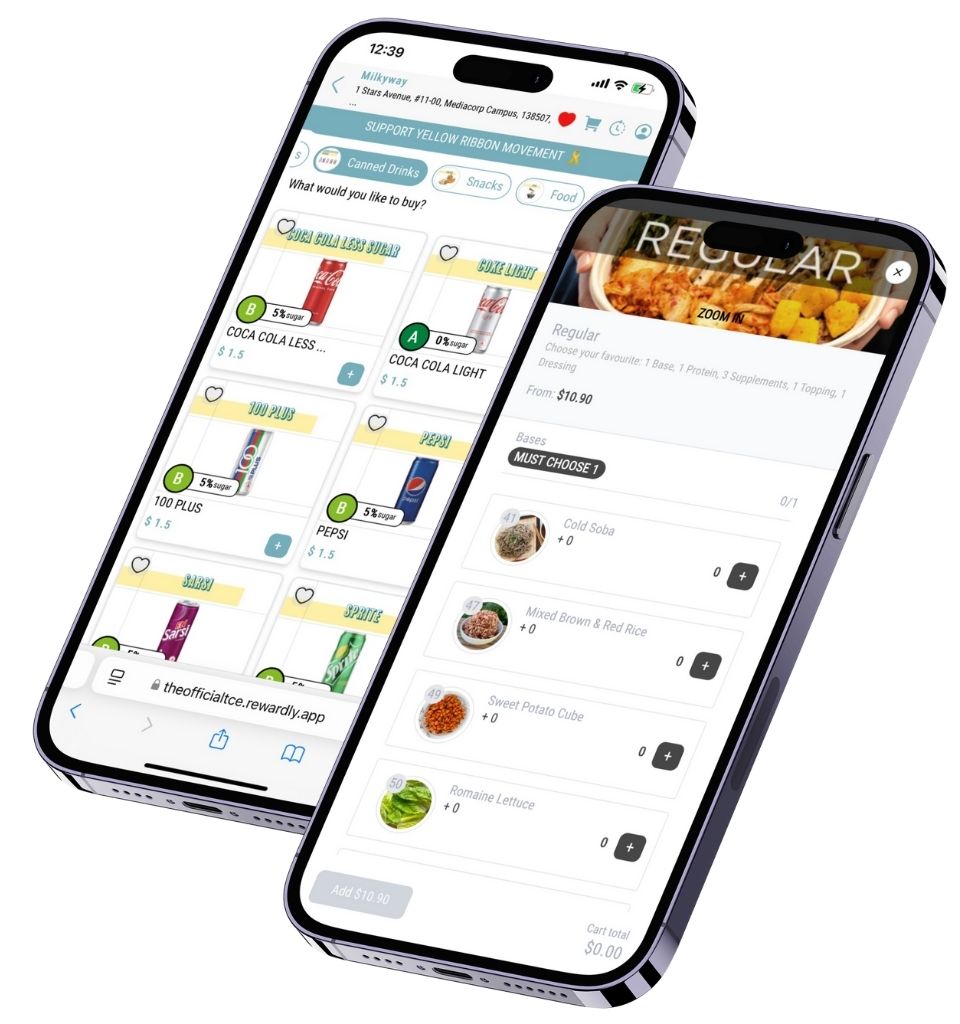 Rewardly QR ordering product artwork showing mobile menu and item modifiers