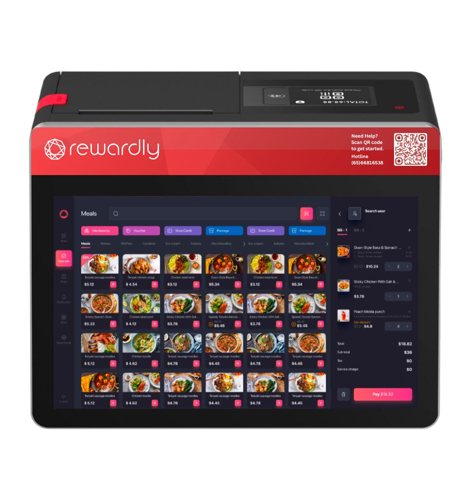 Rewardly staff-facing POS terminal with product menu and order panel