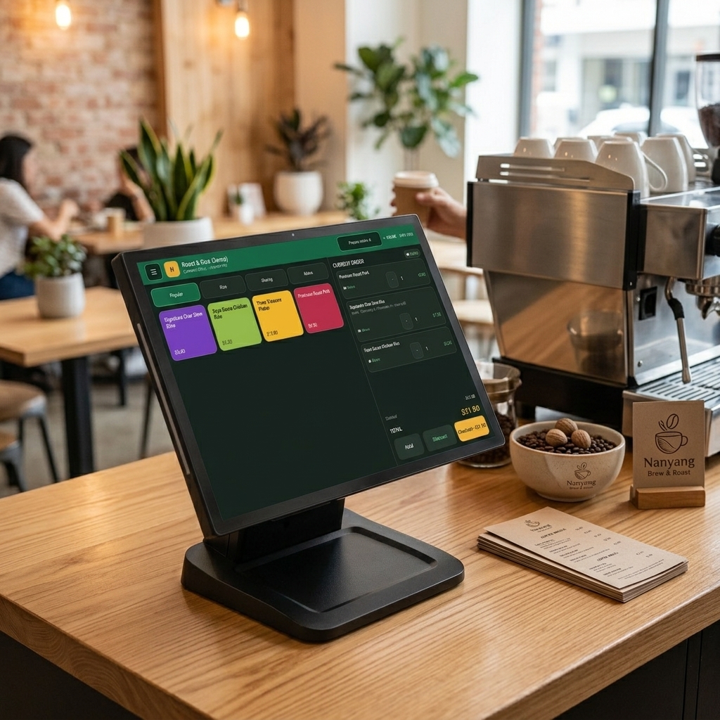 Counter display showing a current order and product choices