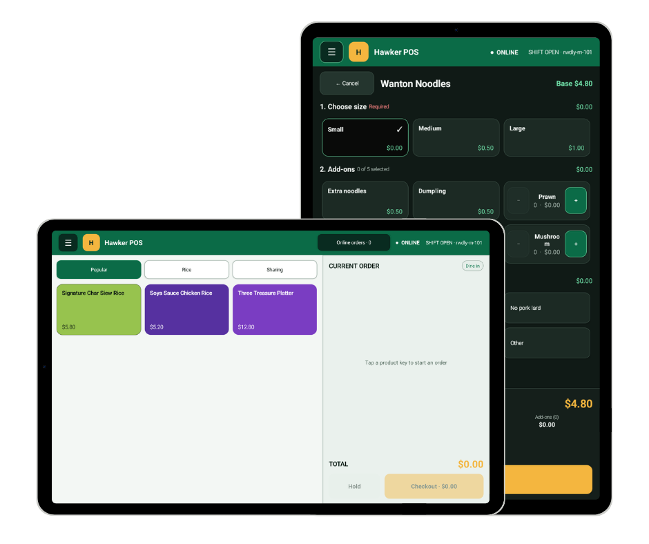 Hawker POS landscape product grid and portrait modifier screens