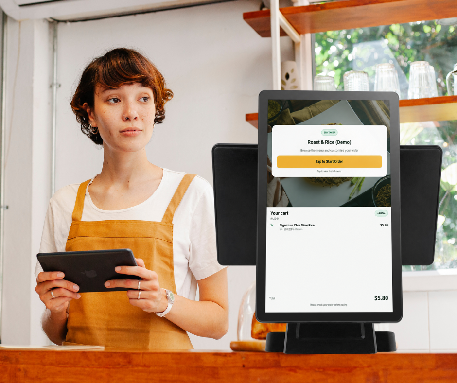 Self-ordering screen beside a hawker stall team member